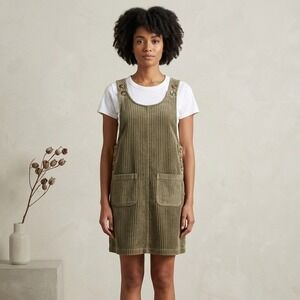 Vtg MSAS Corduroy Overall Dress Womens Size L Green Rayon Front Pockets 90s Y2K